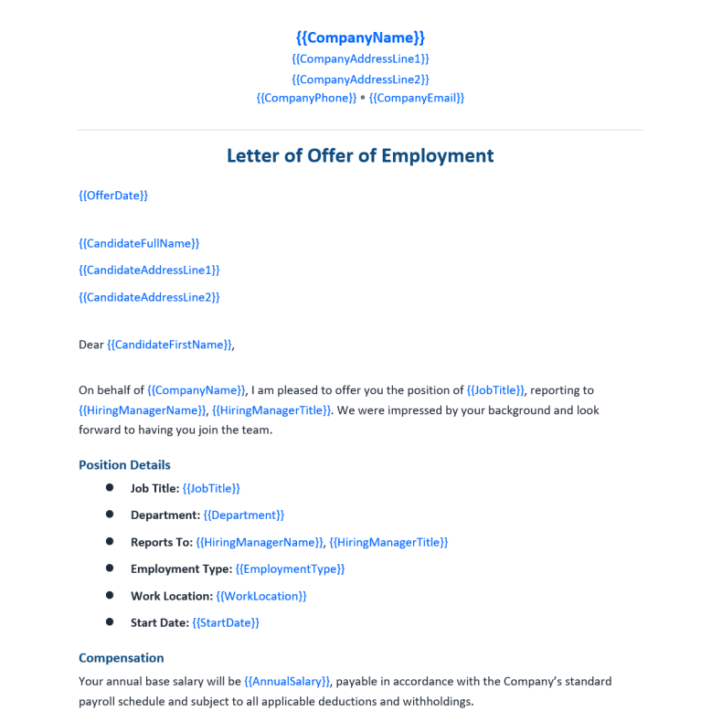 Template document with variables defined