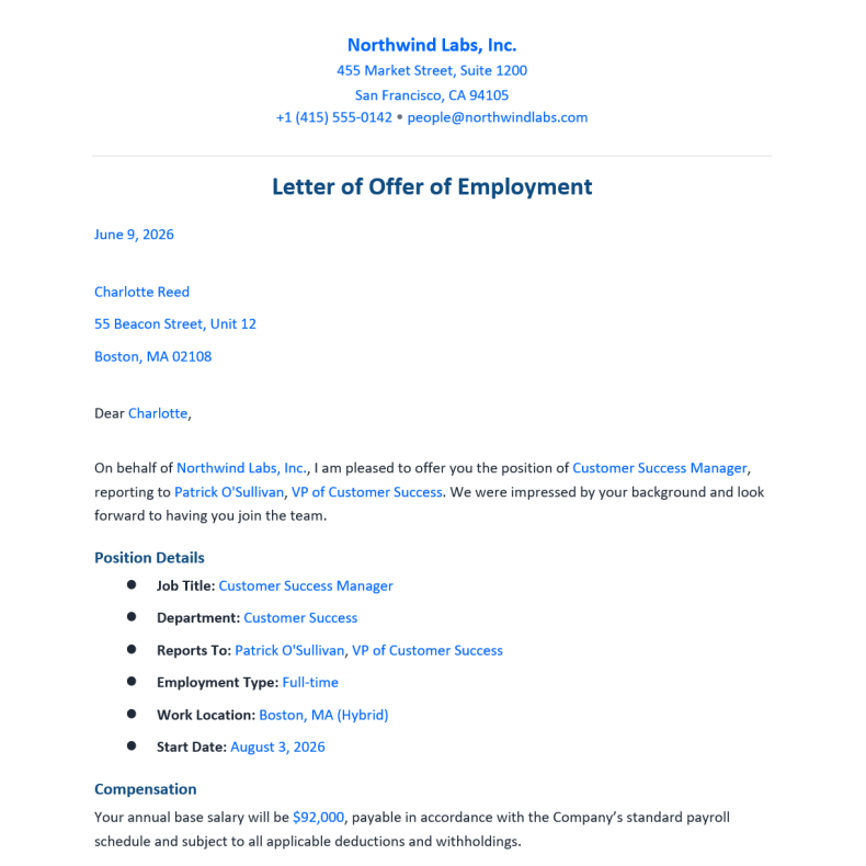 Completed document with variables replaced