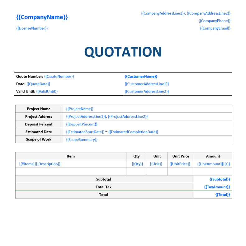 Template document with variables defined